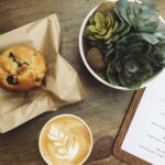 menu, boar, wooden, table, coffee, latte, hot, drink, breakfast, bread, muffin, food, brown coffee, brown table, brown bread, brown breakfast