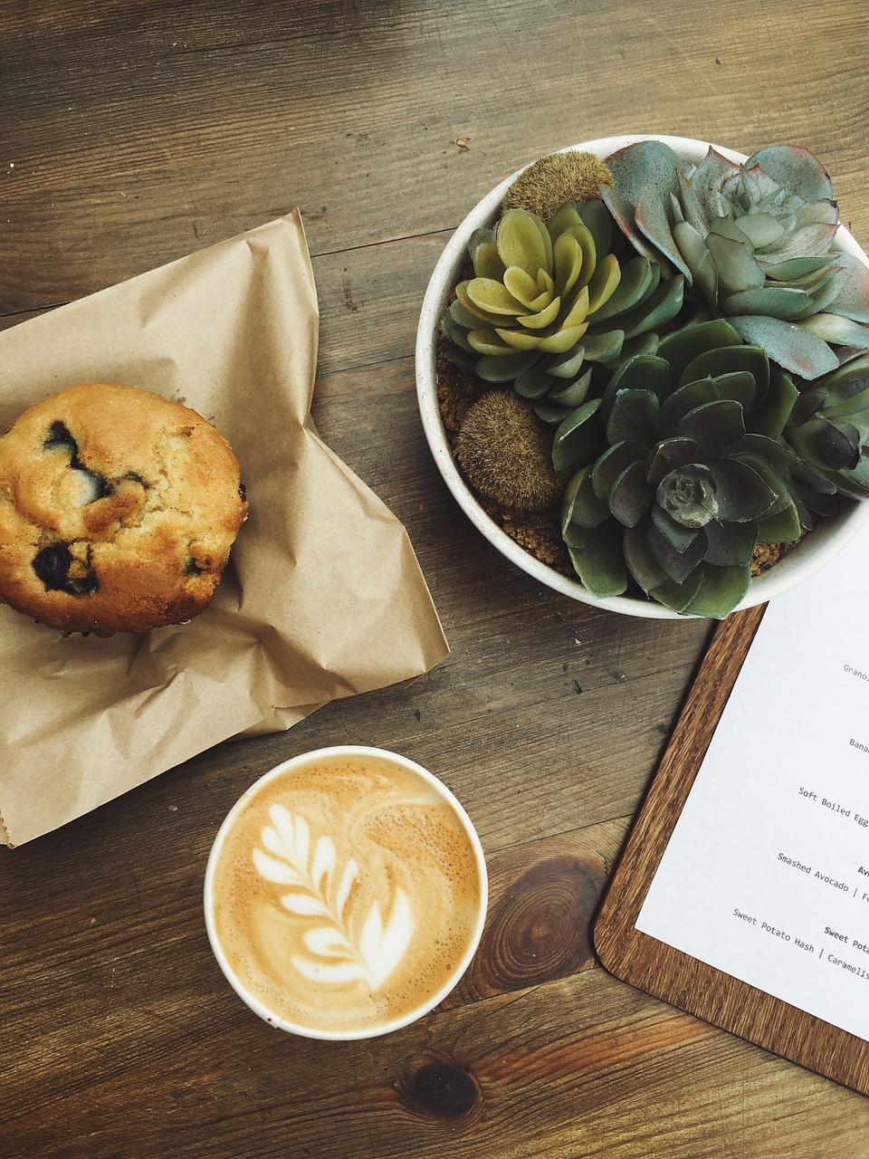 menu, boar, wooden, table, coffee, latte, hot, drink, breakfast, bread, muffin, food, brown coffee, brown table, brown bread, brown breakfast